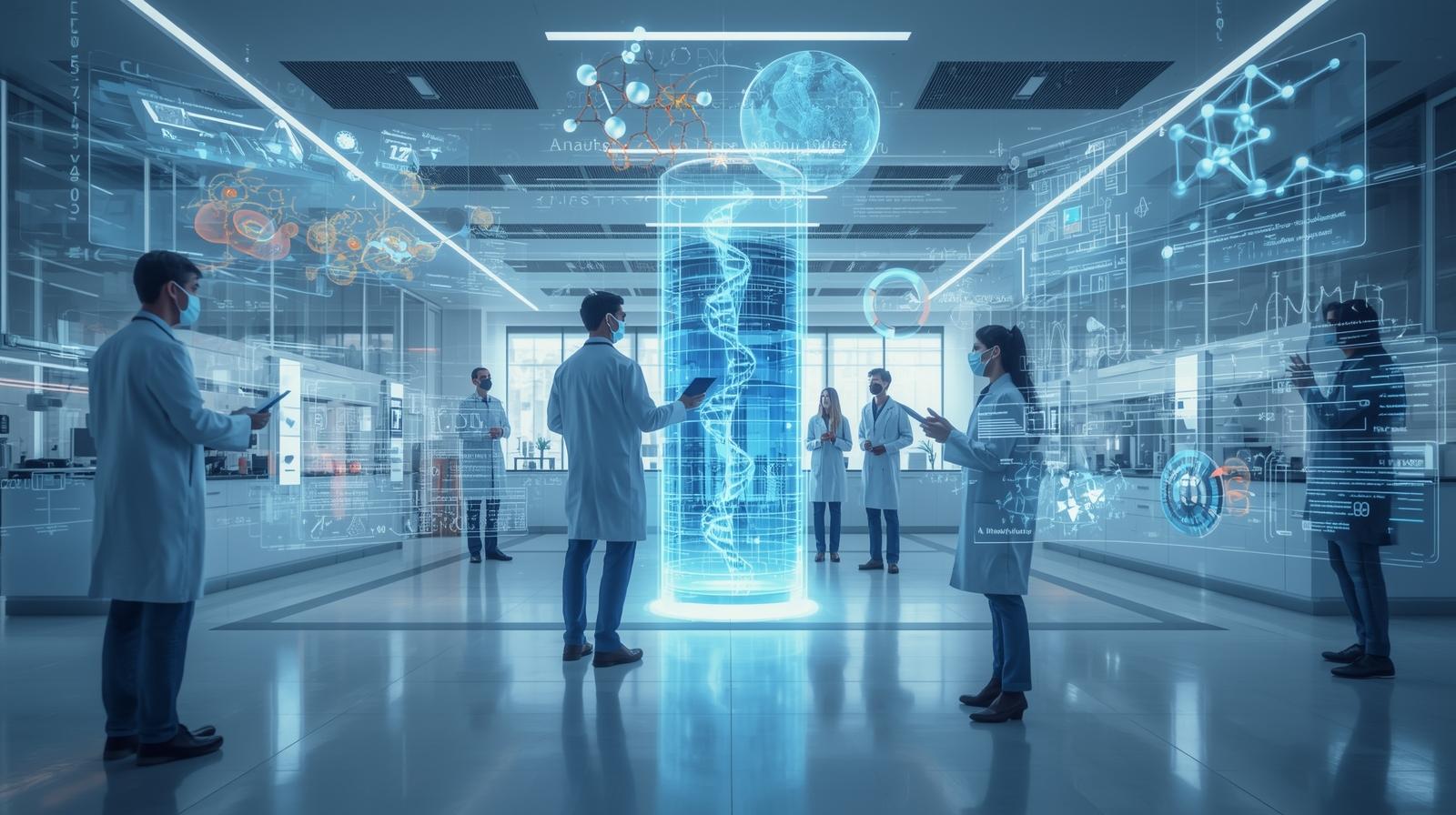 Scientists in a futuristic lab observe holographic DNA and molecular structures.